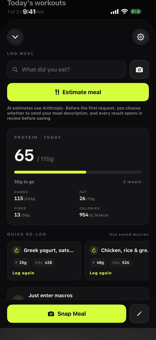 Meal logging in FOOM Athlete, with a protein target, saved meals, and Snap Meal.