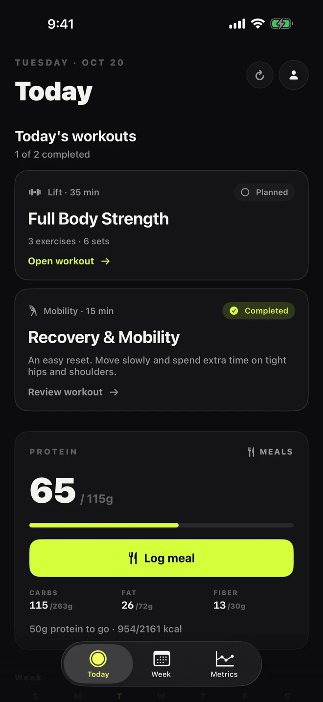 FOOM Athlete Today showing two assigned workouts, completion, and protein progress.