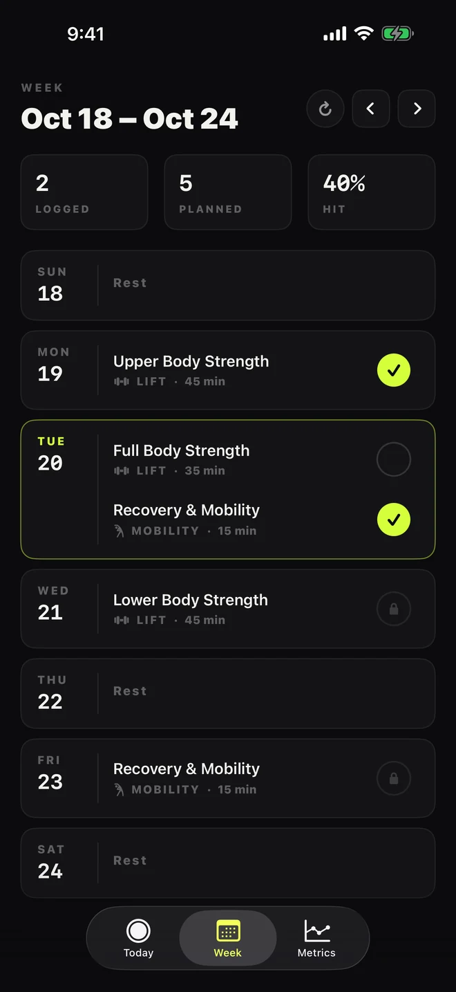 FOOM Athlete Week showing planned workouts, completed sessions, and rest days.