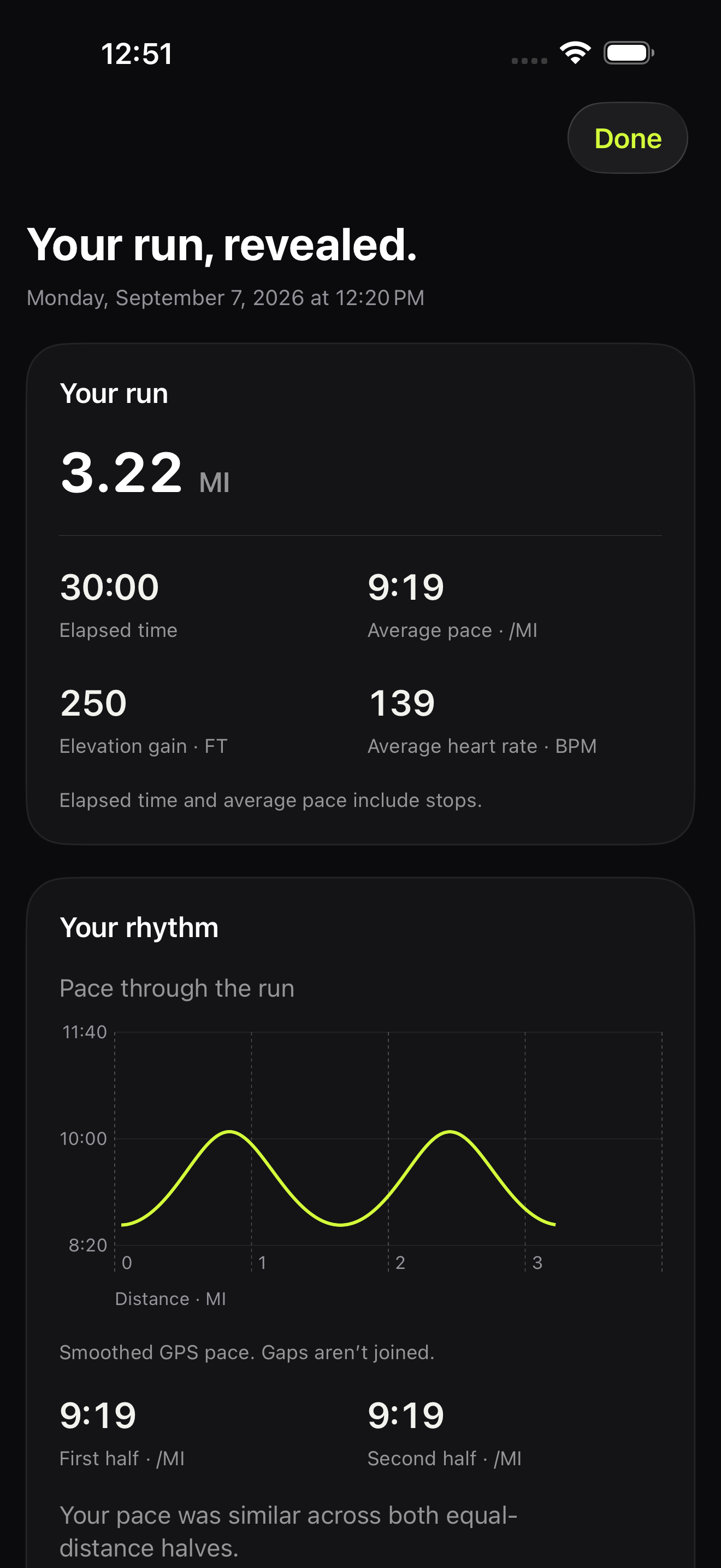 Quiet Run’s post-run report showing distance, elapsed time, average pace, elevation gain, available heart rate, and a pace chart