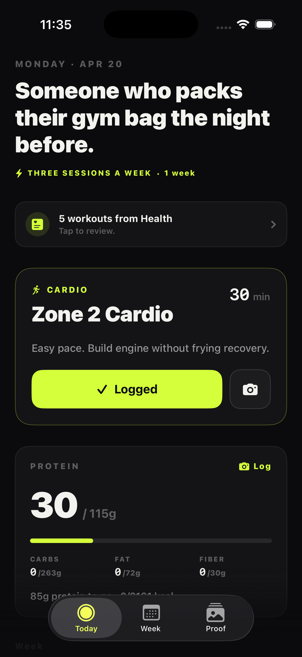 FOOM Today view with a logged Zone 2 Cardio session.